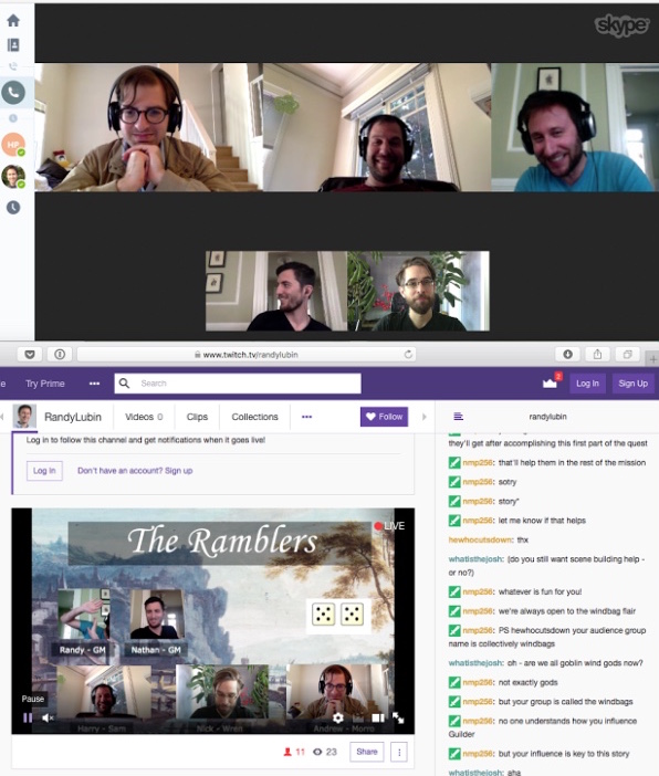 screenshot of the skype and twitch windows we used for the rpg livestream
