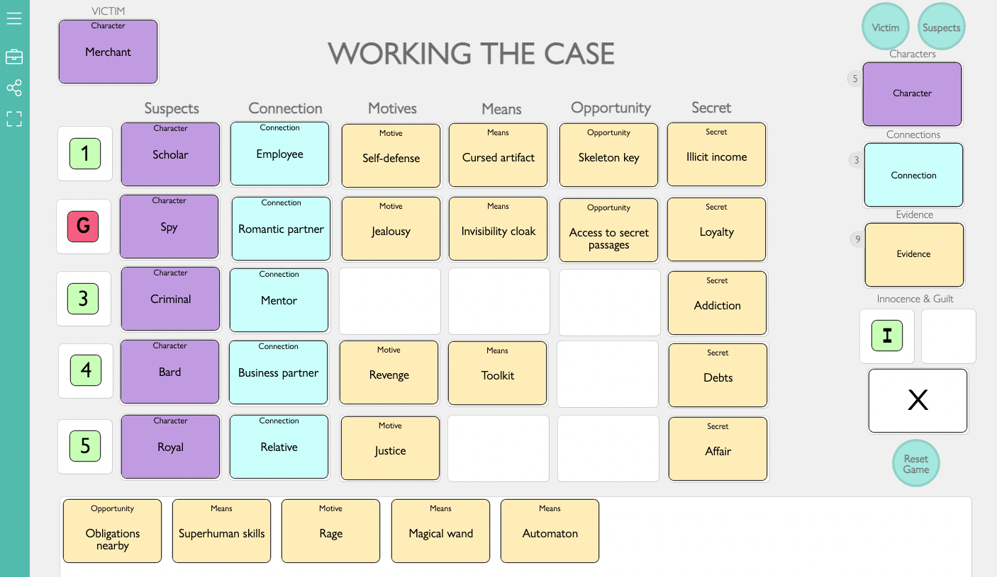 a screen shot of the Working the Case prototype in PlayingCards.io - a full board of evidence at the end of the game