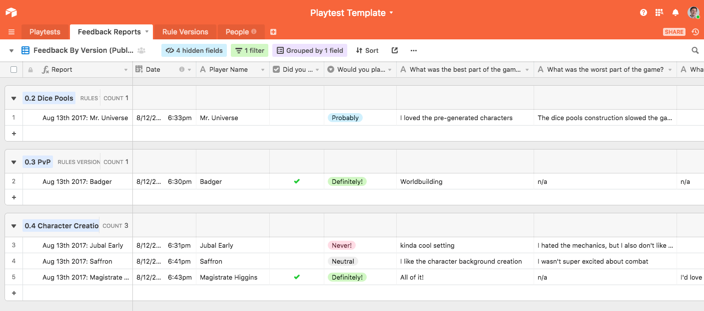 the playtest template's private feedback view