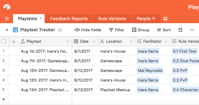 a screen shot of the playtest tracking tab on the Airtable