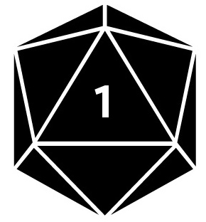 A twenty-sided die (d20) with a one showing