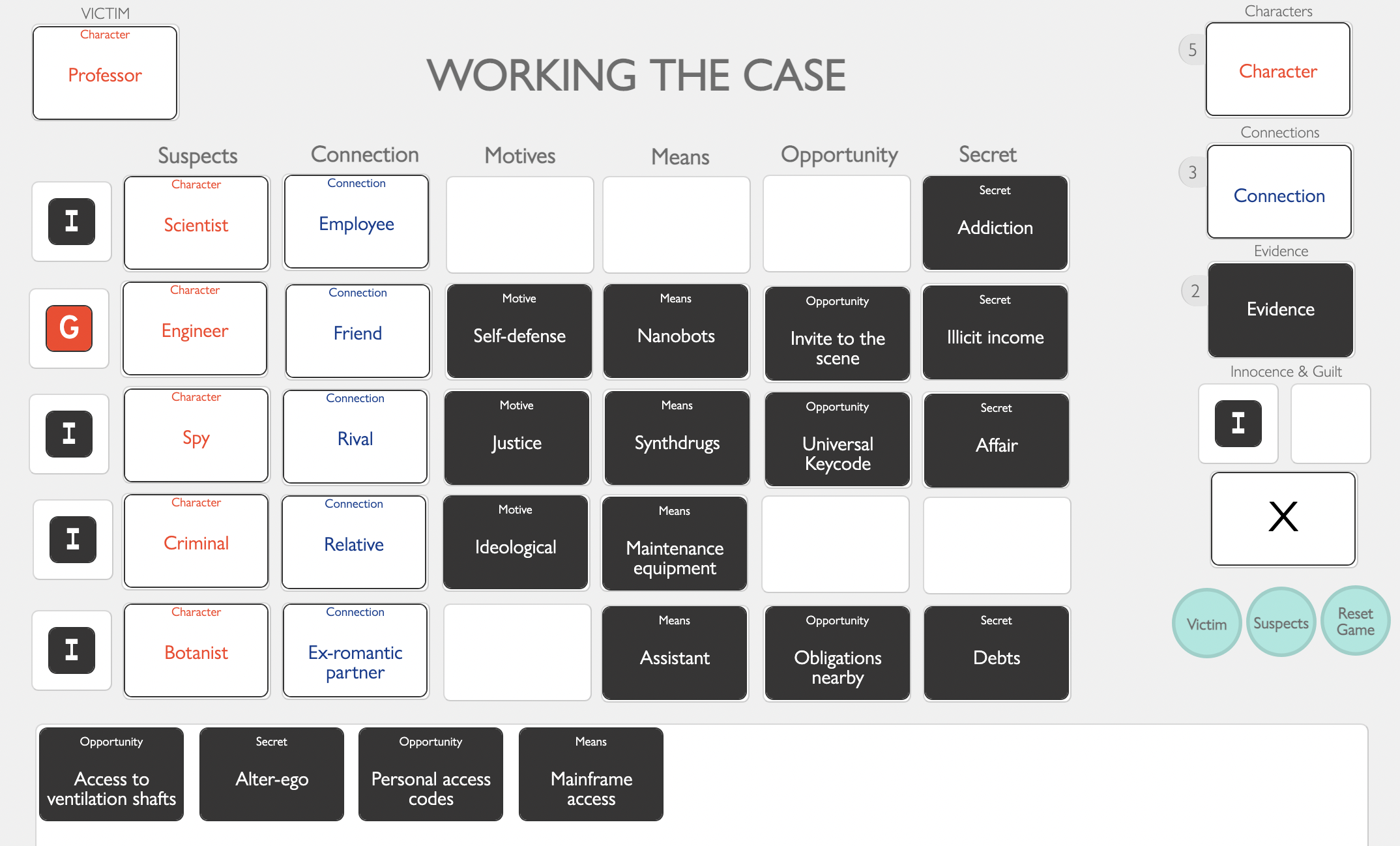 the mystery board from working the case